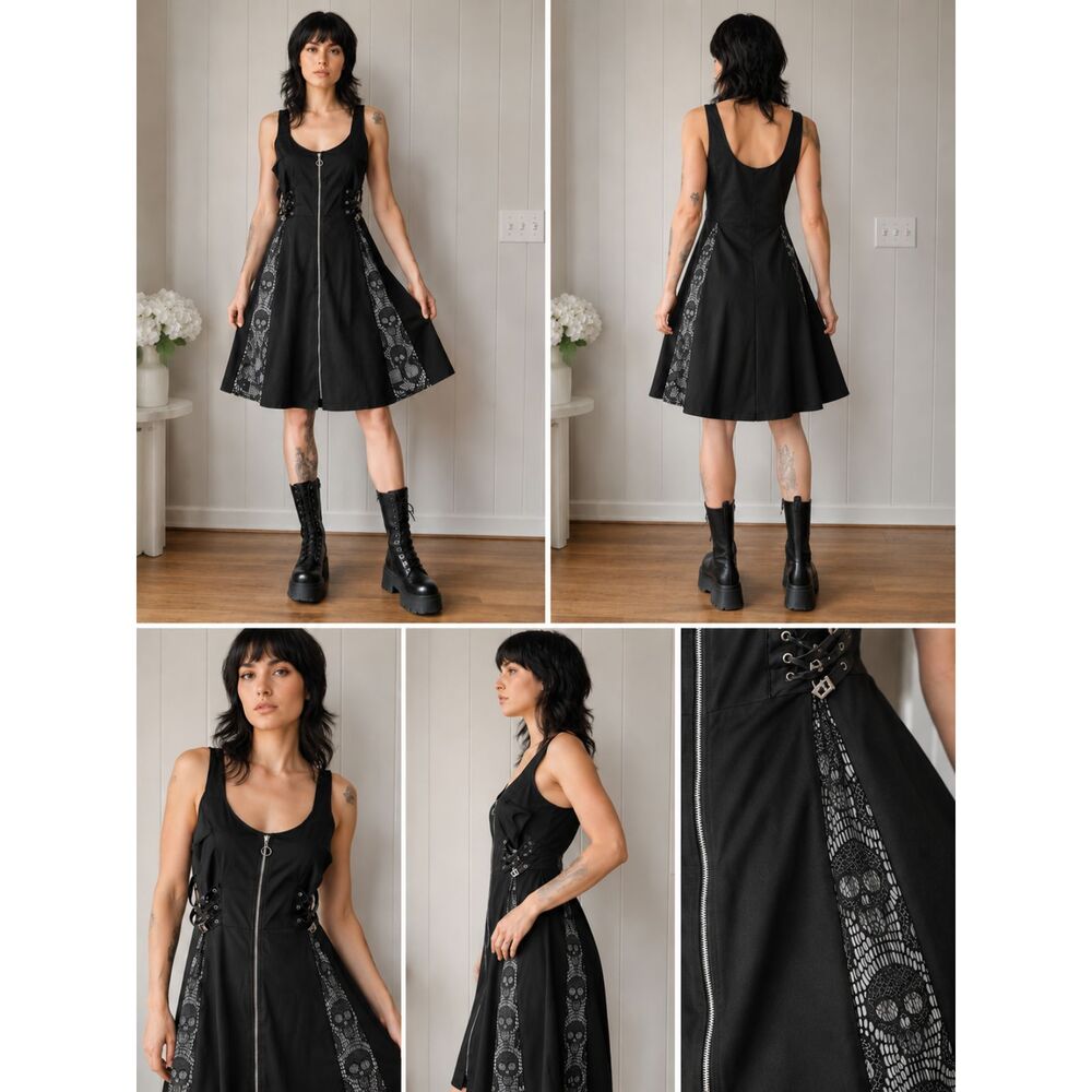 Black Goth Skull Lace Skater Swing Dress Front Zip Buckle Detail 4XL Plus Size